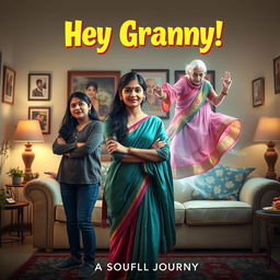 A cinematic horror comedy film poster titled 'Hey Granny!' featuring a teenage Indian girl in stylish modern dress, poised confidently in the foreground