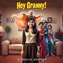 A cinematic horror comedy film poster titled 'Hey Granny!' featuring a teenage Indian girl in stylish modern dress, poised confidently in the foreground