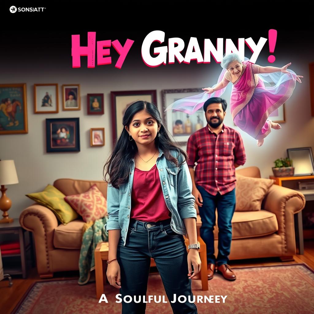 A cinematic horror comedy film poster titled 'Hey Granny!' showcasing a teenage Indian girl in trendy modern attire, confidently posing in the front