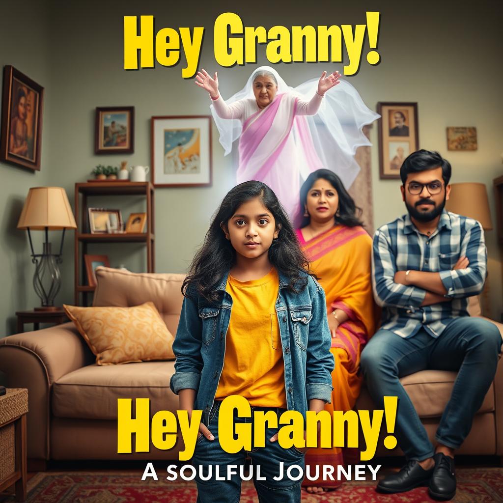 A cinematic horror comedy film poster titled 'Hey Granny!' showcasing a teenage Indian girl in trendy modern attire, confidently posing in the front