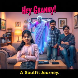 A cinematic horror comedy film poster titled 'Hey Granny!' showcasing a teenage Indian girl in trendy modern attire, confidently posing in the front