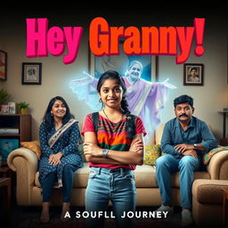 A cinematic horror comedy film poster titled 'Hey Granny!' showcasing a teenage Indian girl in trendy modern attire, confidently posing in the front