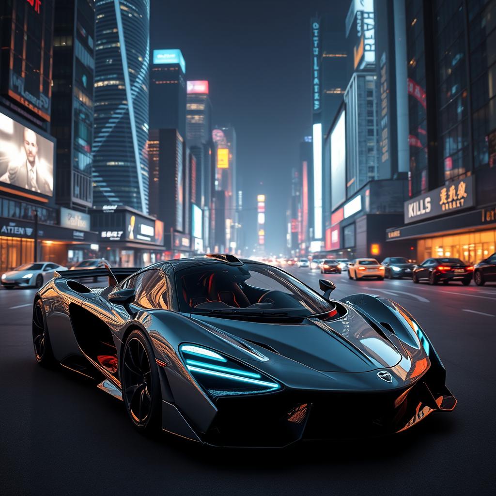 A breathtaking futuristic McLaren F1 set against a sleek, neon-lit cityscape at night