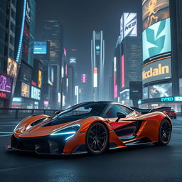 A breathtaking futuristic McLaren F1 set against a sleek, neon-lit cityscape at night