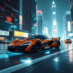 A breathtaking futuristic McLaren F1 set against a sleek, neon-lit cityscape at night