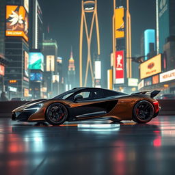 A breathtaking futuristic McLaren F1 set against a sleek, neon-lit cityscape at night