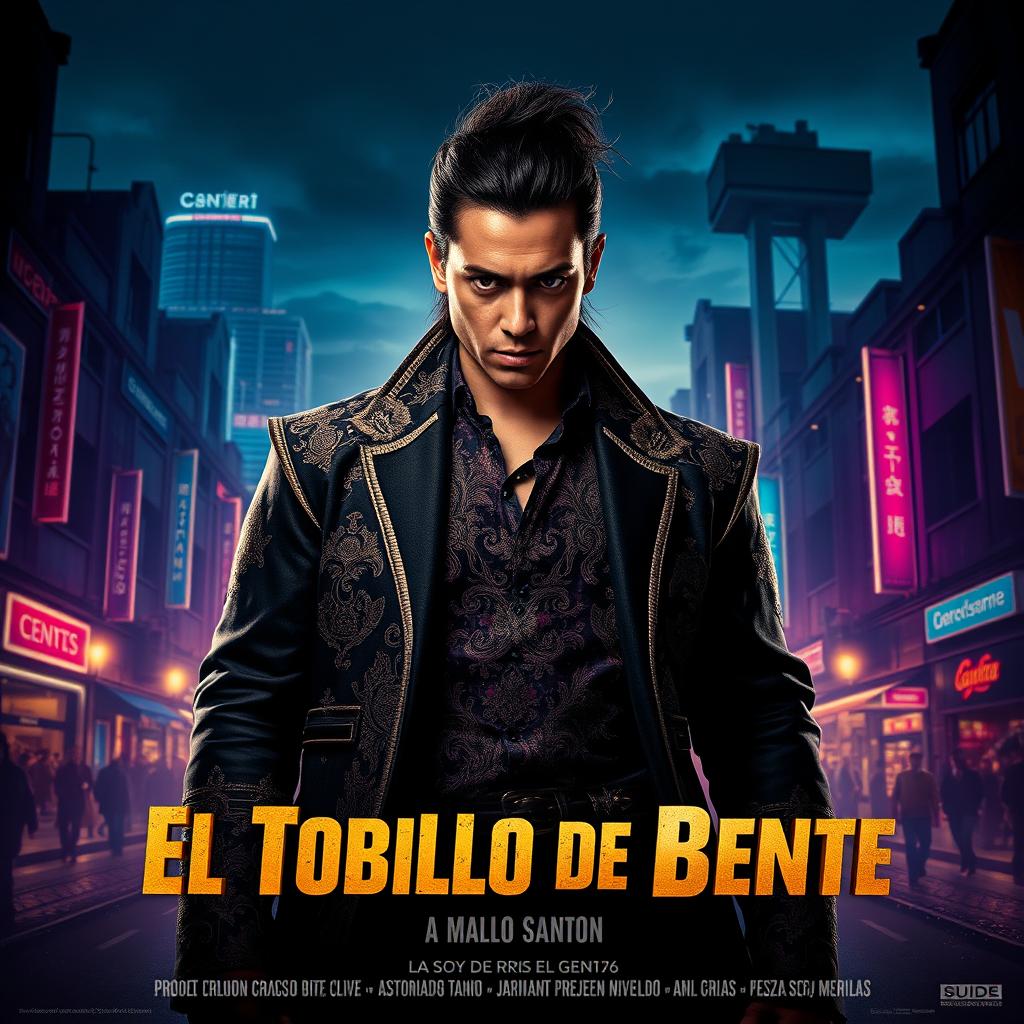 A movie poster for 'El Tobillo de Bente', featuring a striking central character with a mysterious aura, clad in a stylish and ornate outfit that blends traditional and modern aesthetics