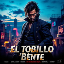 A movie poster for 'El Tobillo de Bente', featuring a striking central character with a mysterious aura, clad in a stylish and ornate outfit that blends traditional and modern aesthetics