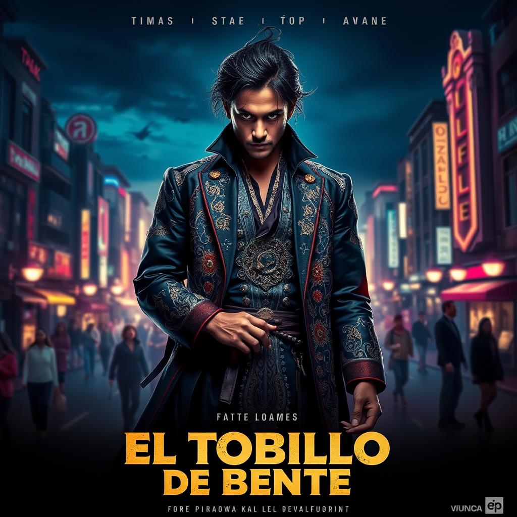 A movie poster for 'El Tobillo de Bente', featuring a striking central character with a mysterious aura, clad in a stylish and ornate outfit that blends traditional and modern aesthetics