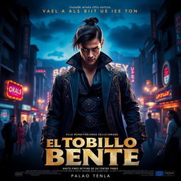 A movie poster for 'El Tobillo de Bente', featuring a striking central character with a mysterious aura, clad in a stylish and ornate outfit that blends traditional and modern aesthetics