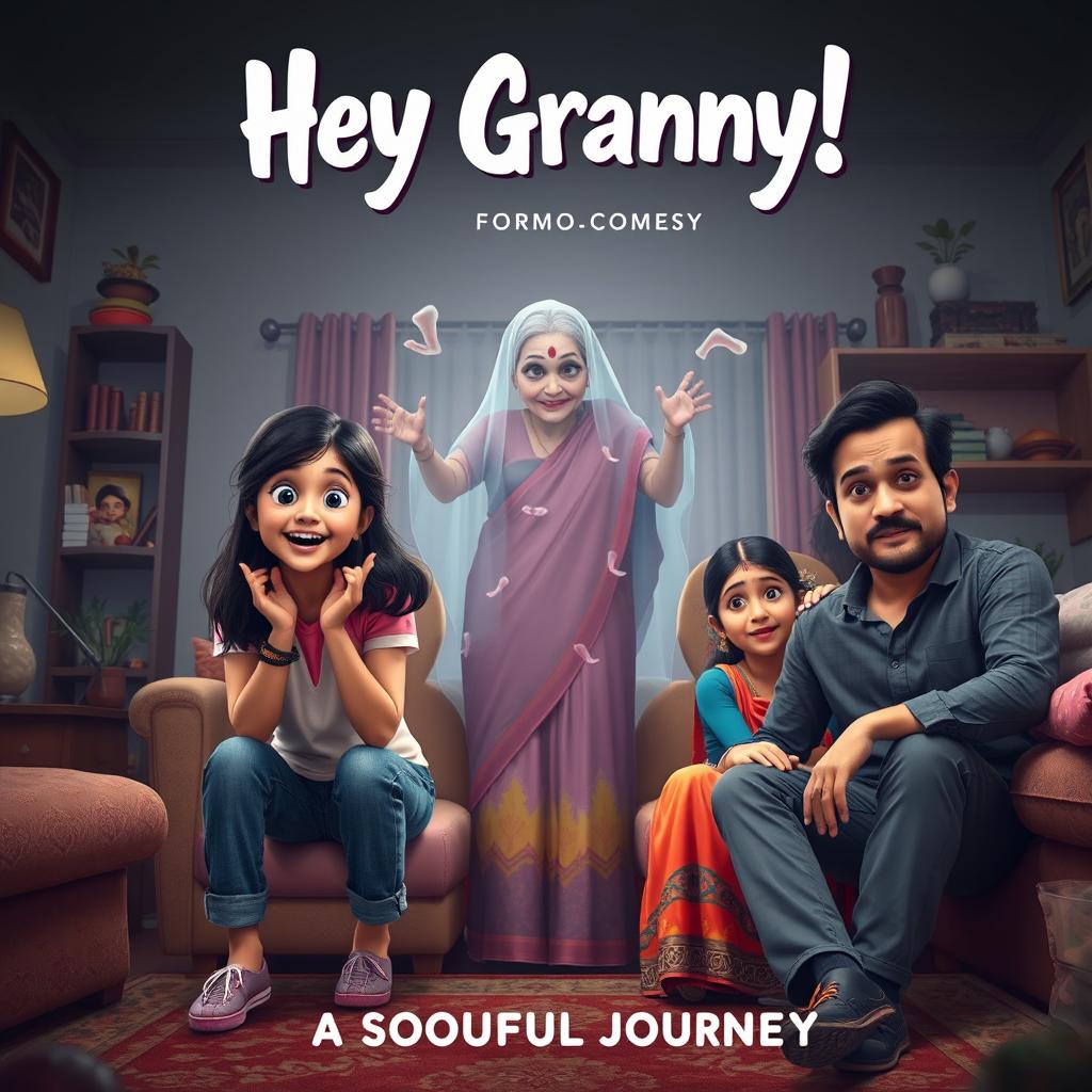 A cinematic horror-comedy film poster titled 'Hey Granny!' featuring a teenage Indian girl in modern casual dress, her mom and dad also in trendy modern attire, and her ghostly grandmother dressed in a colorful traditional sari