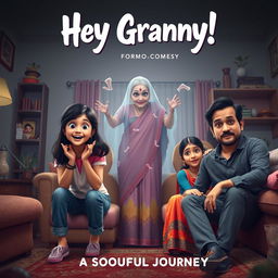 A cinematic horror-comedy film poster titled 'Hey Granny!' featuring a teenage Indian girl in modern casual dress, her mom and dad also in trendy modern attire, and her ghostly grandmother dressed in a colorful traditional sari