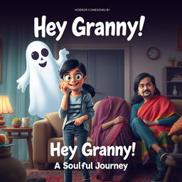 A cinematic horror-comedy film poster titled 'Hey Granny!' featuring a teenage Indian girl in modern casual dress, her mom and dad also in trendy modern attire, and her ghostly grandmother dressed in a colorful traditional sari