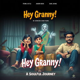 A cinematic horror-comedy film poster titled 'Hey Granny!' featuring a teenage Indian girl in modern casual dress, her mom and dad also in trendy modern attire, and her ghostly grandmother dressed in a colorful traditional sari