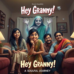 A cinematic horror-comedy film poster titled 'Hey Granny!' featuring a teenage Indian girl in modern casual dress, her mom and dad also in trendy modern attire, and her ghostly grandmother dressed in a colorful traditional sari