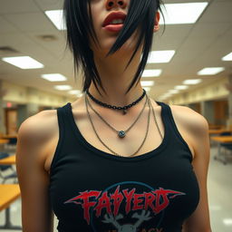 A close-up shot of a gorgeous female with striking black hair, wearing a black tank top featuring a faded, colorful band logo