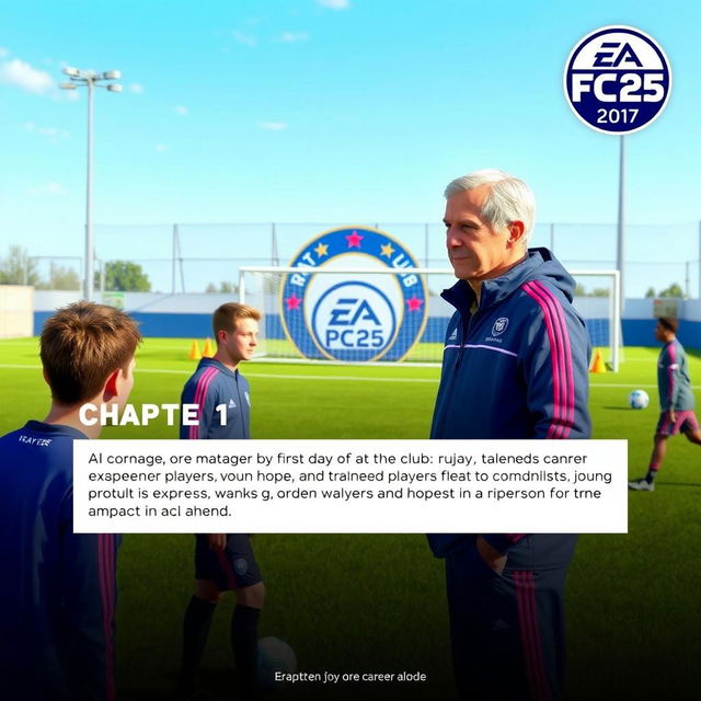 Chapter 1 of the career mode in EA FC 25, featuring a detailed description of the manager's first day at the club, with a lively training ground setting