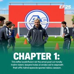 Chapter 1 of the career mode in EA FC 25, featuring a detailed description of the manager's first day at the club, with a lively training ground setting