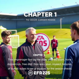 Chapter 1 of the career mode in EA FC 25, featuring a detailed description of the manager's first day at the club, with a lively training ground setting