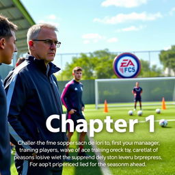 Chapter 1 of the career mode in EA FC 25, featuring a detailed description of the manager's first day at the club, with a lively training ground setting