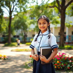 A young Nepali school girl wearing a traditional school uniform consisting of a white blouse and navy blue skirt, standing in a scenic schoolyard surrounded by lush green trees and colorful flowers