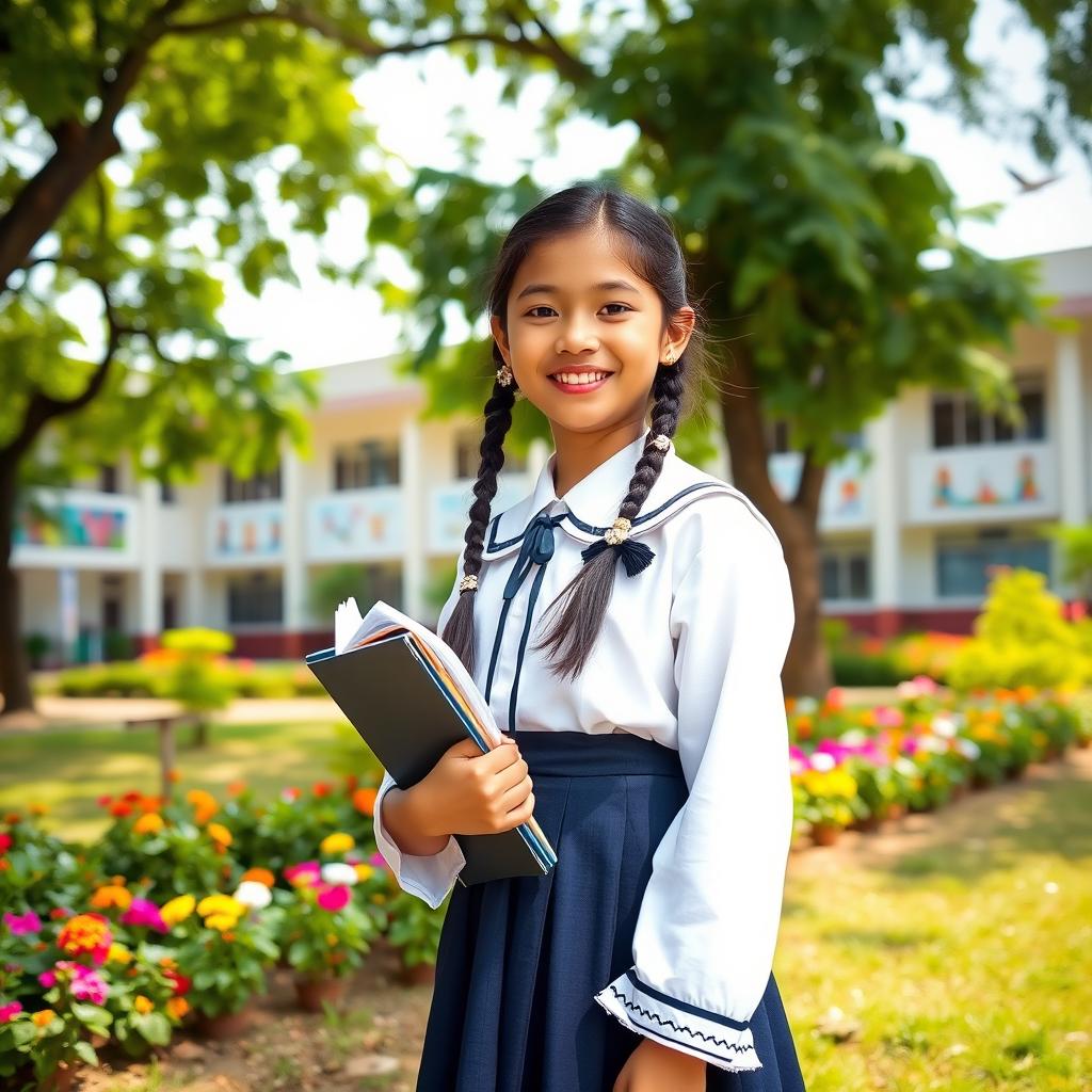 A young Nepali school girl wearing a traditional school uniform consisting of a white blouse and navy blue skirt, standing in a scenic schoolyard surrounded by lush green trees and colorful flowers