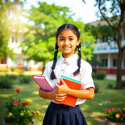 A young Nepali school girl wearing a traditional school uniform consisting of a white blouse and navy blue skirt, standing in a scenic schoolyard surrounded by lush green trees and colorful flowers