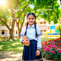 A young Nepali school girl wearing a traditional school uniform consisting of a white blouse and navy blue skirt, standing in a scenic schoolyard surrounded by lush green trees and colorful flowers