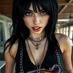 A stunning close-up shot of a gorgeous female with striking black hair, wearing a black tank top adorned with a faded, colorful band logo