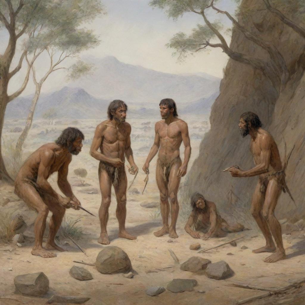 A depiction of early human beings, highlighting their physical features, primitive tools and clothing, and their interaction with the natural environment