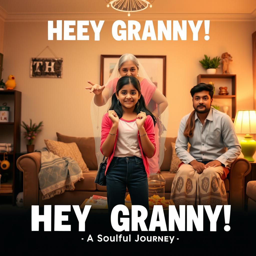 A cinematic horror comedy film poster titled 'HEY GRANNY!' featuring a teenage Indian girl dressed in modern clothing, positioned playfully in the foreground