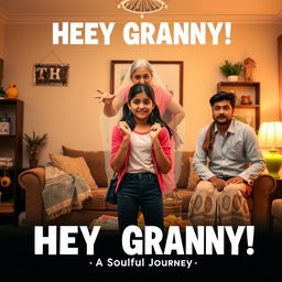 A cinematic horror comedy film poster titled 'HEY GRANNY!' featuring a teenage Indian girl dressed in modern clothing, positioned playfully in the foreground