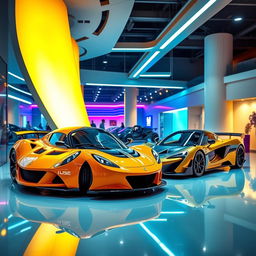 A stunning composition featuring a Lotus Elise and a McLaren F1 parked side by side in a vibrant, futuristic showroom