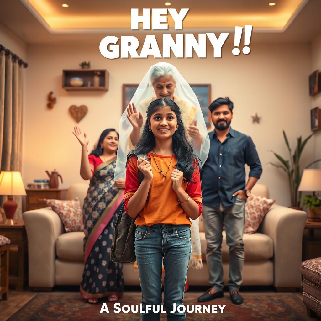 A cinematic horror comedy film poster titled 'HEY GRANNY!' featuring a teenage Indian girl dressed in modern clothing, positioned playfully in the foreground