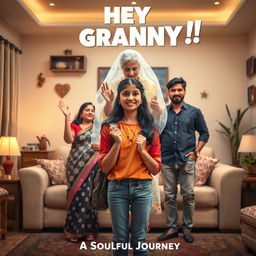 A cinematic horror comedy film poster titled 'HEY GRANNY!' featuring a teenage Indian girl dressed in modern clothing, positioned playfully in the foreground