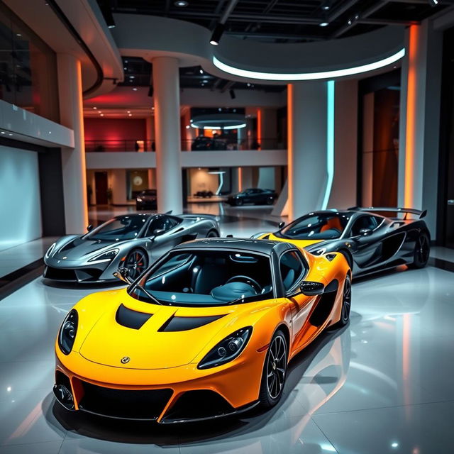 A stunning composition featuring a Lotus Elise and a McLaren F1 parked side by side in a vibrant, futuristic showroom