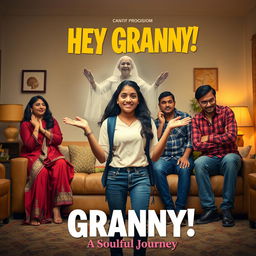 A cinematic horror comedy film poster titled 'HEY GRANNY!' featuring a teenage Indian girl dressed in modern clothing, positioned playfully in the foreground