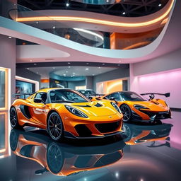 A stunning composition featuring a Lotus Elise and a McLaren F1 parked side by side in a vibrant, futuristic showroom