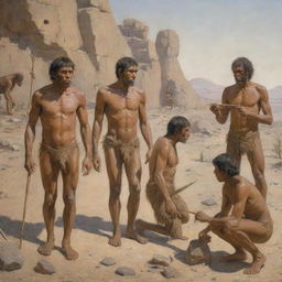 A depiction of early human beings, highlighting their physical features, primitive tools and clothing, and their interaction with the natural environment