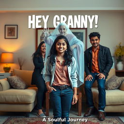 A cinematic horror comedy film poster titled 'HEY GRANNY!' featuring a teenage Indian girl dressed in modern clothing, positioned playfully in the foreground