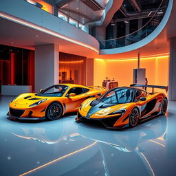 A stunning composition featuring a Lotus Elise and a McLaren F1 parked side by side in a vibrant, futuristic showroom