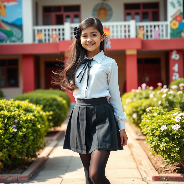 A stylish Nepali school girl wearing a modern school uniform that consists of a black mini skirt and black tight stockings, paired with a crisp white blouse