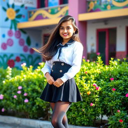 A stylish Nepali school girl wearing a modern school uniform that consists of a black mini skirt and black tight stockings, paired with a crisp white blouse