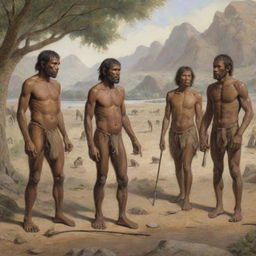 A depiction of early human beings, highlighting their physical features, primitive tools and clothing, and their interaction with the natural environment