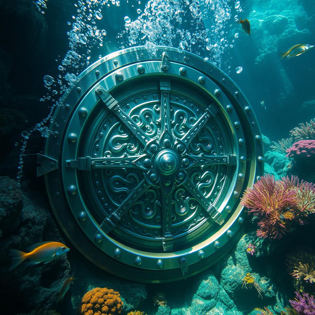 A large, intricately designed vault door submerged underwater, surrounded by bubbles and aquatic plants