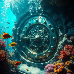 A large, intricately designed vault door submerged underwater, surrounded by bubbles and aquatic plants