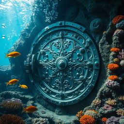 A large, intricately designed vault door submerged underwater, surrounded by bubbles and aquatic plants