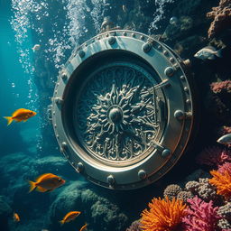 A large, intricately designed vault door submerged underwater, surrounded by bubbles and aquatic plants