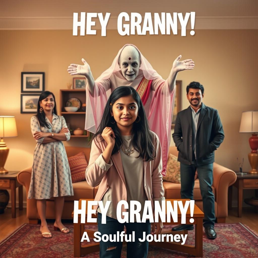 A cinematic horror comedy film poster titled 'HEY GRANNY!' featuring a teenage Indian girl in trendy modern attire, positioned playfully in the foreground of a cozy living room