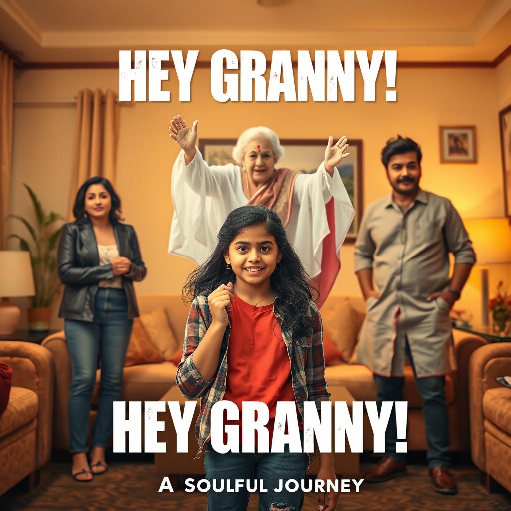 A cinematic horror comedy film poster titled 'HEY GRANNY!' featuring a teenage Indian girl in trendy modern attire, positioned playfully in the foreground of a cozy living room